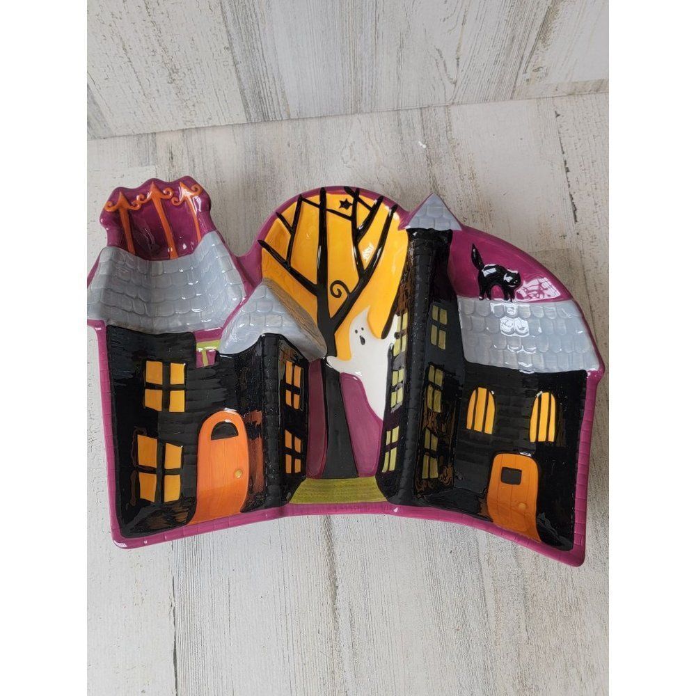 Ceramic haunted house tri serving dish Halloween ghost cat